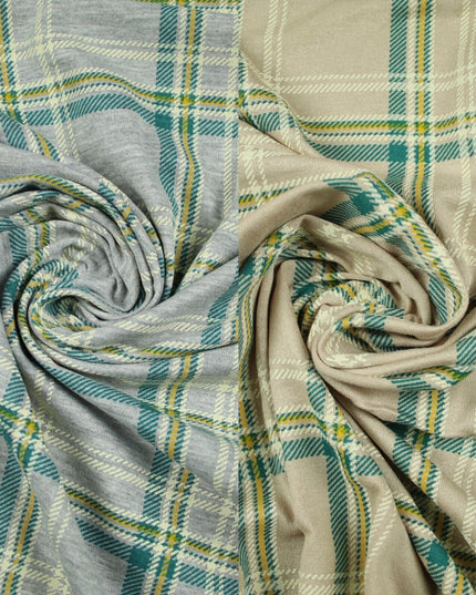 Grey/Beige with Teal & Mustard Tartan Print Soft Stretch Jersey Fabric 56"