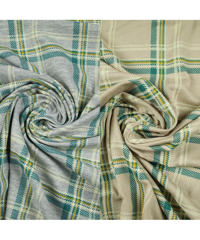 Grey/Beige with Teal & Mustard Tartan Print Soft Stretch Jersey Fabric 56"