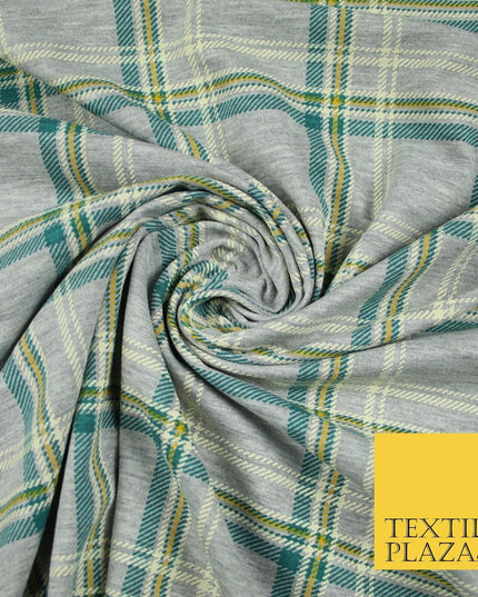 Grey/Beige with Teal & Mustard Tartan Print Soft Stretch Jersey Fabric 56"