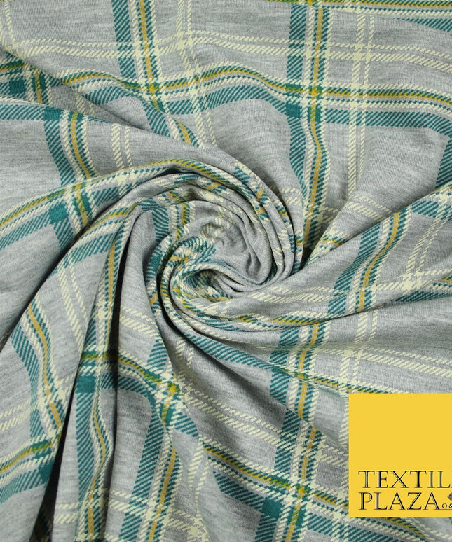 Grey/Beige with Teal & Mustard Tartan Print Soft Stretch Jersey Fabric 56"