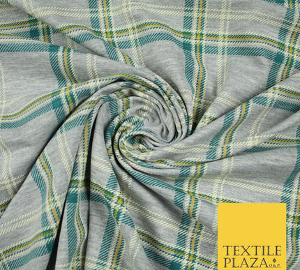 Grey/Beige with Teal & Mustard Tartan Print Soft Stretch Jersey Fabric 56"