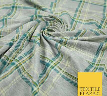 Grey/Beige with Teal & Mustard Tartan Print Soft Stretch Jersey Fabric 56"