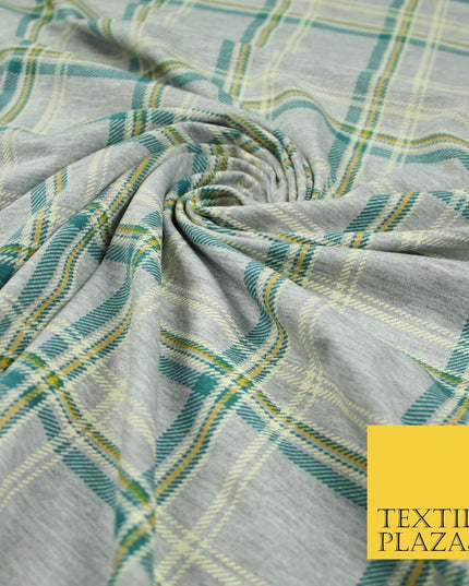 Grey/Beige with Teal & Mustard Tartan Print Soft Stretch Jersey Fabric 56"
