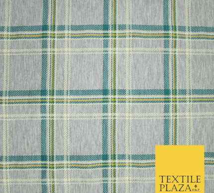 Grey/Beige with Teal & Mustard Tartan Print Soft Stretch Jersey Fabric 56"