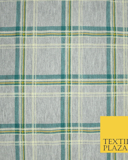 Grey/Beige with Teal & Mustard Tartan Print Soft Stretch Jersey Fabric 56"