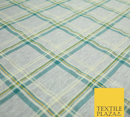 Grey/Beige with Teal & Mustard Tartan Print Soft Stretch Jersey Fabric 56"