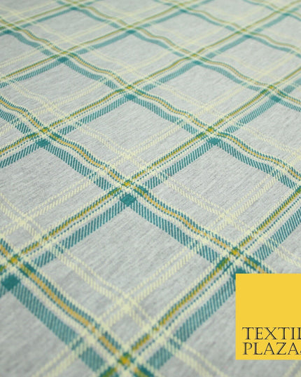Grey/Beige with Teal & Mustard Tartan Print Soft Stretch Jersey Fabric 56"
