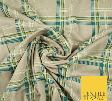 Grey/Beige with Teal & Mustard Tartan Print Soft Stretch Jersey Fabric 56"