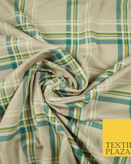Grey/Beige with Teal & Mustard Tartan Print Soft Stretch Jersey Fabric 56"