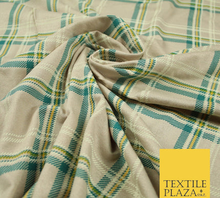 Grey/Beige with Teal & Mustard Tartan Print Soft Stretch Jersey Fabric 56"