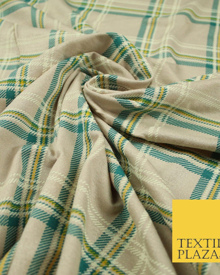 Grey/Beige with Teal & Mustard Tartan Print Soft Stretch Jersey Fabric 56"