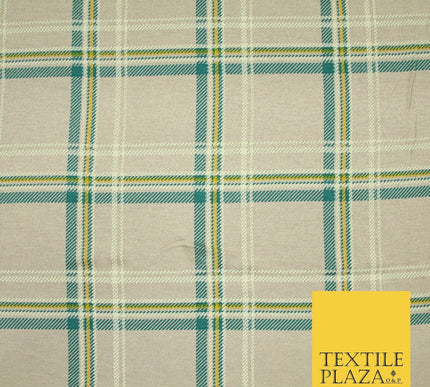 Grey/Beige with Teal & Mustard Tartan Print Soft Stretch Jersey Fabric 56"