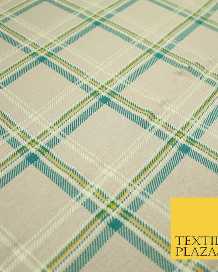 Grey/Beige with Teal & Mustard Tartan Print Soft Stretch Jersey Fabric 56"