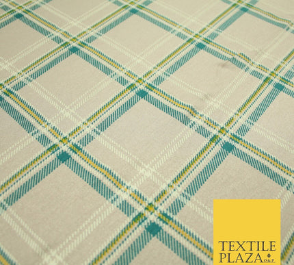 Grey/Beige with Teal & Mustard Tartan Print Soft Stretch Jersey Fabric 56"