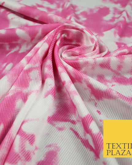 Pink & White Tie-Dye Artsy Printed Ribbed Stretch Jersey Fabric 56" 6584