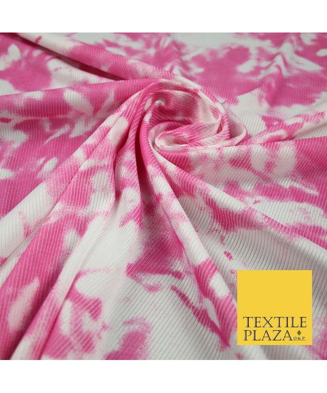 Pink & White Tie-Dye Artsy Printed Ribbed Stretch Jersey Fabric 56" 6584