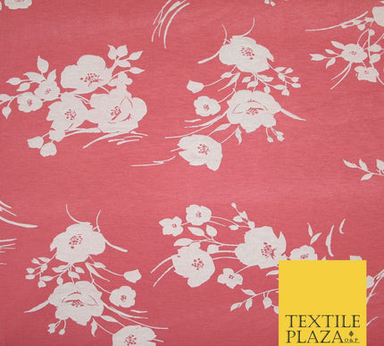 Coral and White Floral Bunches Printed Soft Touch Stretch Jersey Fabric 56" 6739
