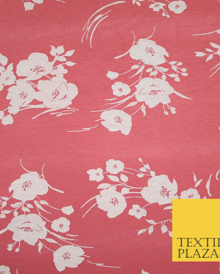 Coral and White Floral Bunches Printed Soft Touch Stretch Jersey Fabric 56" 6739