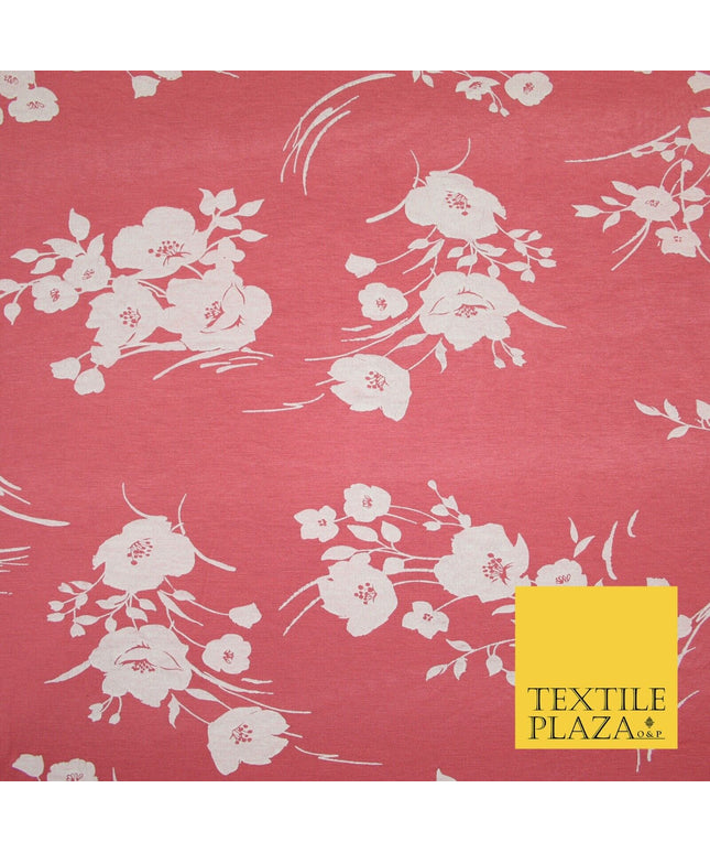 Coral and White Floral Bunches Printed Soft Touch Stretch Jersey Fabric 56" 6739