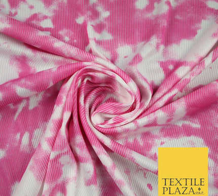 Pink & White Tie-Dye Artsy Printed Ribbed Stretch Jersey Fabric 56" 6584
