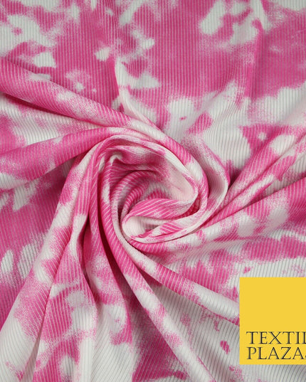 Pink & White Tie-Dye Artsy Printed Ribbed Stretch Jersey Fabric 56" 6584
