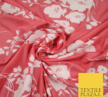 Coral and White Floral Bunches Printed Soft Touch Stretch Jersey Fabric 56" 6739