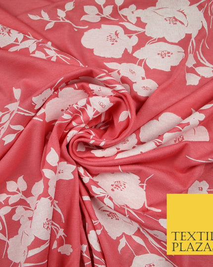 Coral and White Floral Bunches Printed Soft Touch Stretch Jersey Fabric 56" 6739