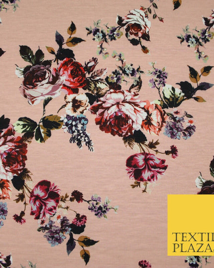 Peach Large Floral Bunches Printed Soft Touch Stretch Jersey Fabric 56" 6740
