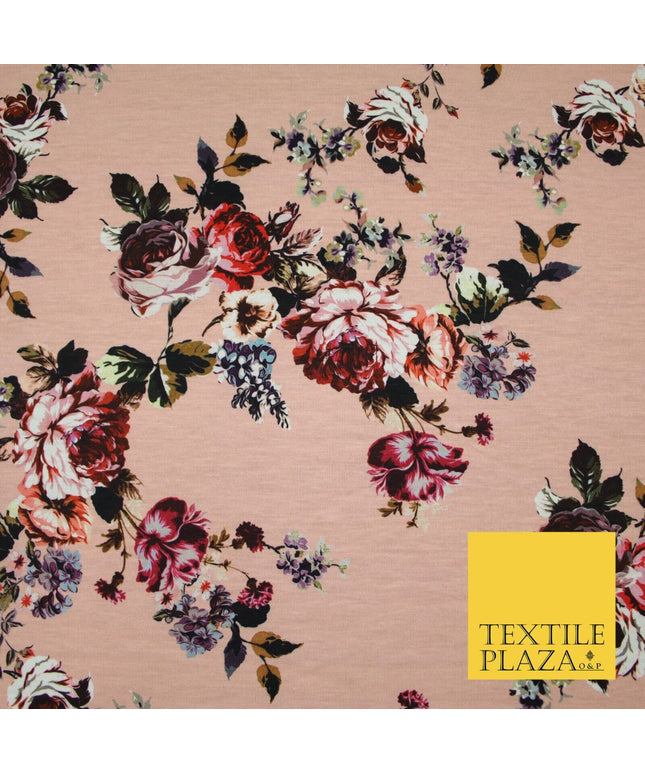 Peach Large Floral Bunches Printed Soft Touch Stretch Jersey Fabric 56" 6740