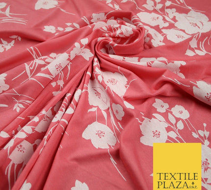 Coral and White Floral Bunches Printed Soft Touch Stretch Jersey Fabric 56" 6739