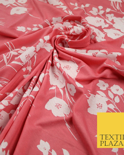 Coral and White Floral Bunches Printed Soft Touch Stretch Jersey Fabric 56" 6739
