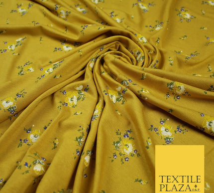 Mustard Ochre Ditsy Floral Printed Soft Touch Stretch Jersey Fabric 56" 6742