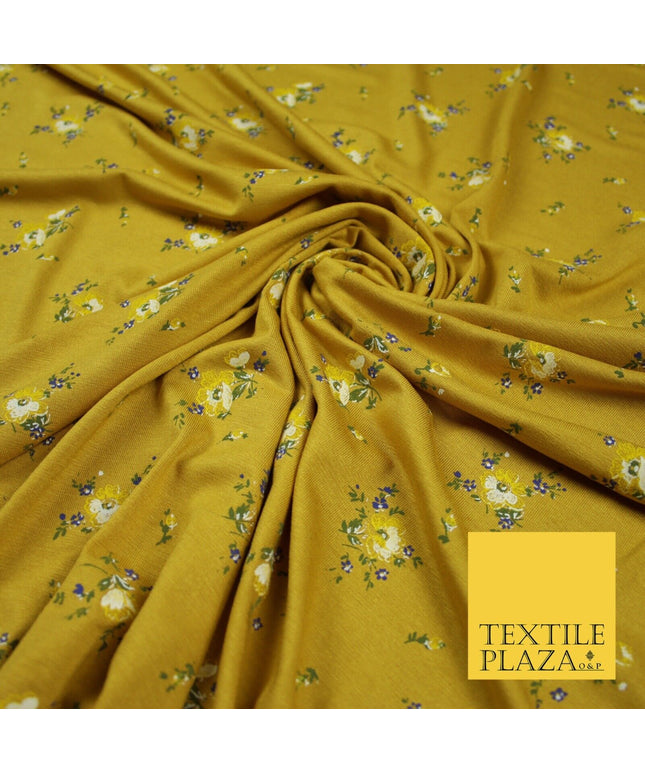Mustard Ochre Ditsy Floral Printed Soft Touch Stretch Jersey Fabric 56" 6742