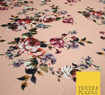 Peach Large Floral Bunches Printed Soft Touch Stretch Jersey Fabric 56" 6740