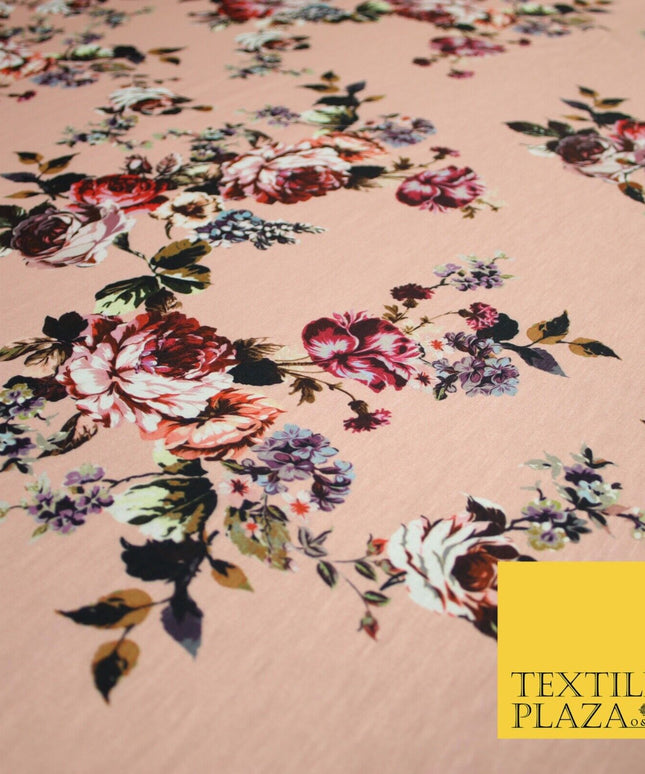 Peach Large Floral Bunches Printed Soft Touch Stretch Jersey Fabric 56" 6740