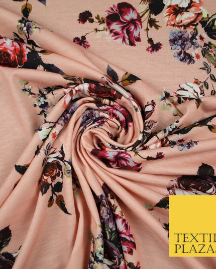 Peach Large Floral Bunches Printed Soft Touch Stretch Jersey Fabric 56" 6740