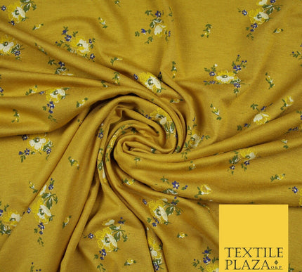 Mustard Ochre Ditsy Floral Printed Soft Touch Stretch Jersey Fabric 56" 6742