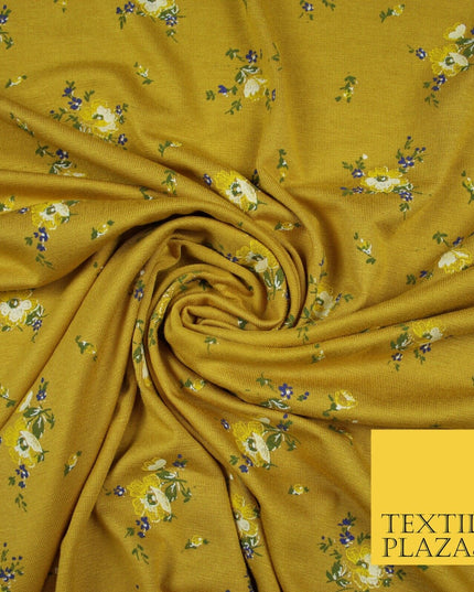 Mustard Ochre Ditsy Floral Printed Soft Touch Stretch Jersey Fabric 56" 6742