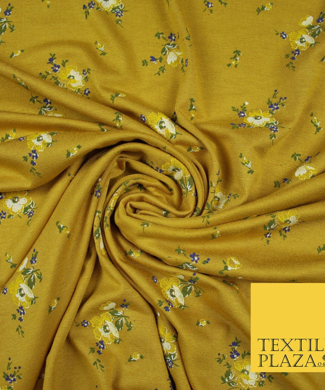 Mustard Ochre Ditsy Floral Printed Soft Touch Stretch Jersey Fabric 56" 6742