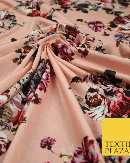Peach Large Floral Bunches Printed Soft Touch Stretch Jersey Fabric 56" 6740