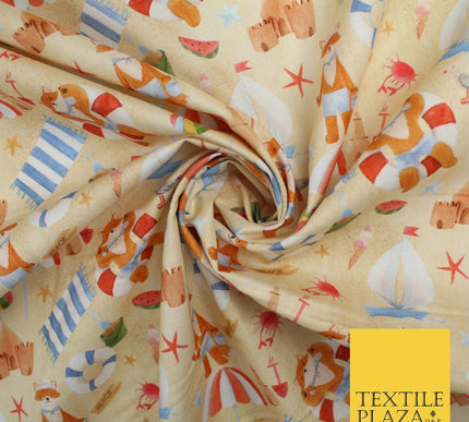 Summer Beach Sand Boats Fox Sand Castle 100% Digital Cotton Kids Fabric 10132