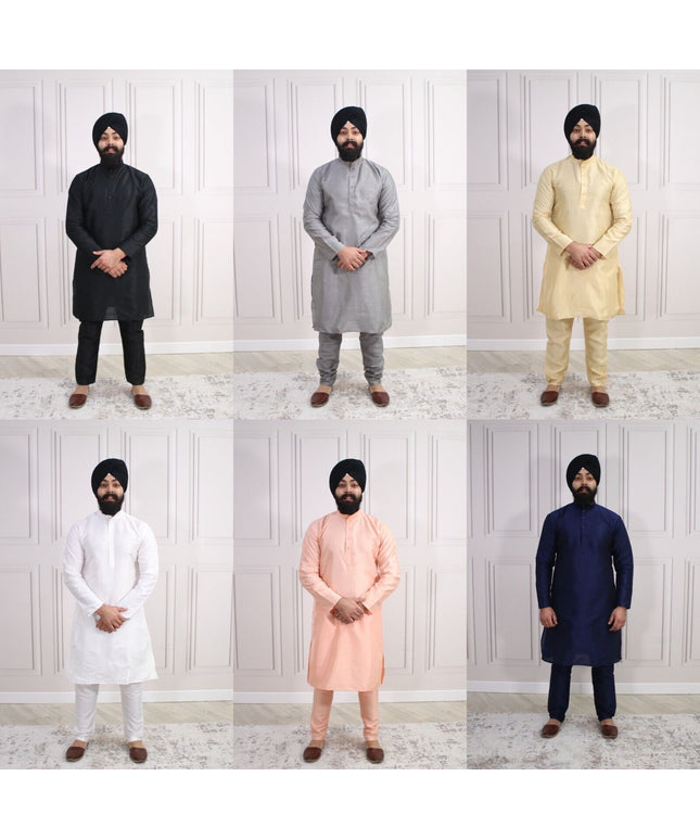 6 COLOURS - Mens Nehru Kurta Pajama Raw Silk Indian Punjabi Asian Jago Sangeet