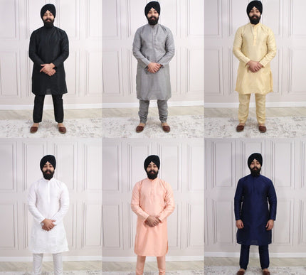6 COLOURS - Mens Nehru Kurta Pajama Raw Silk Indian Punjabi Asian Jago Sangeet
