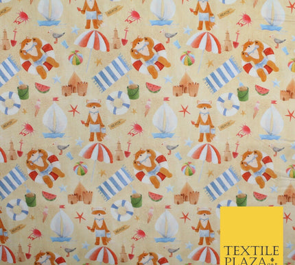 Summer Beach Sand Boats Fox Sand Castle 100% Digital Cotton Kids Fabric 10132