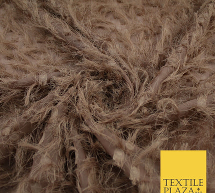 Camel Brown Faux Feather Embroidered Chiffon Georgette Fabric Dress 58" 9303