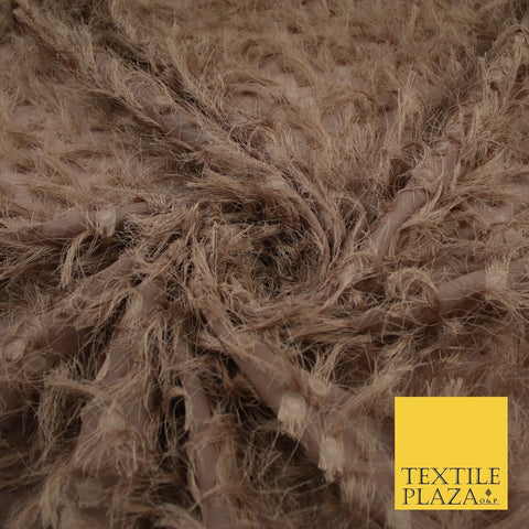 Camel Brown Faux Feather Embroidered Chiffon Georgette Fabric Dress 58" 9303
