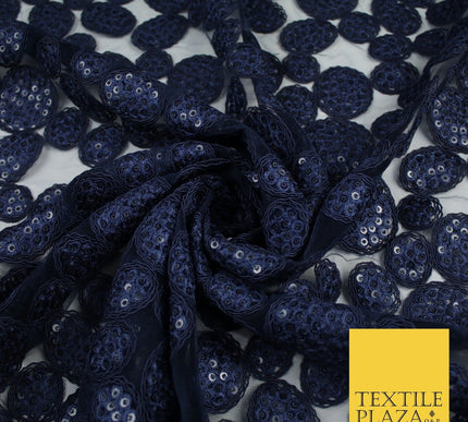 Navy Blue Net with Bubble Sequin Embroidery Fabric Dress Craft Decor 57" 9300