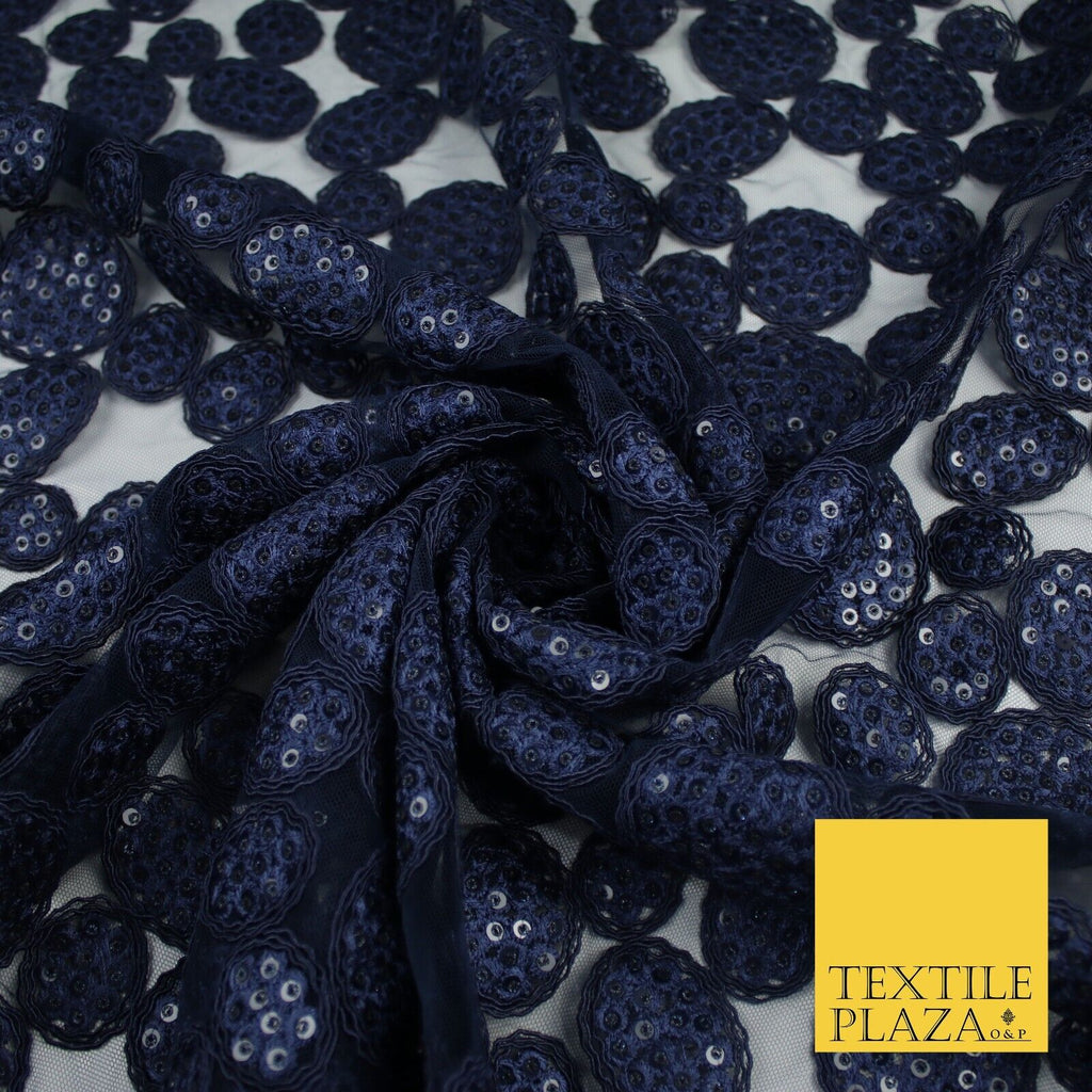 Navy Blue Net with Bubble Sequin Embroidery Fabric Dress Craft Decor 57" 9300