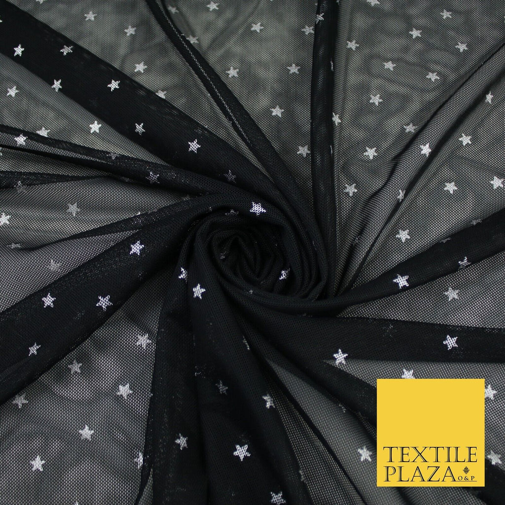 Black Stretch Mesh Net with 5mm Silver Stars Fabric Dress 62" 9295