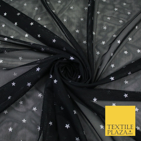 Black Stretch Mesh Net with 5mm Silver Stars Fabric Dress 62" 9295